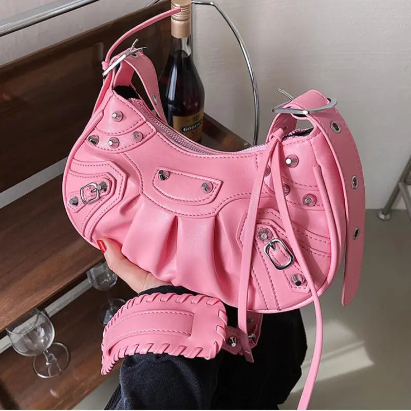 KATCH ME Pink PU Cago City Rivet Buckle Adjustable Ruched Shoulder Bag  23.99