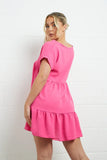 KATCH ME Pink V Neck Short Sleeve Pleated Hem Dress Dress 13.99