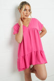 KATCH ME Pink V Neck Short Sleeve Pleated Hem Dress Dress 13.99