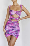 KATCH ME Purple Cutout Ruched Straps Wrap Pleated Mini Dress  21.99